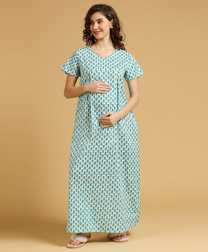 MomToBe Green Maternity Nursing Nighty-Cotton-V Neck-Bump Friendly