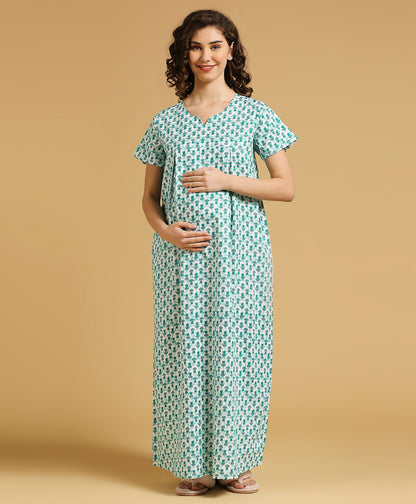 MomToBe Green Maternity Nursing Nighty-Cotton-V Neck-Bump Friendly