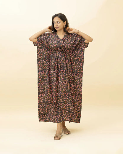 Putchi Black Maternity Nursing Kaftan-Cotton-Floral Print-Bump Friendly