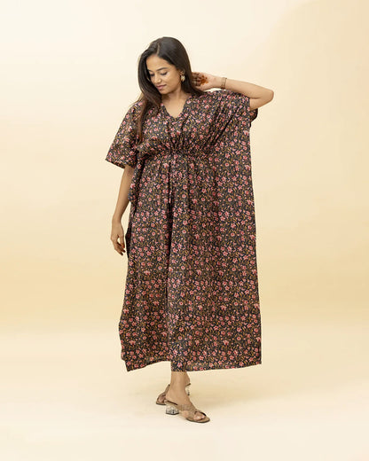 Putchi Black Maternity Nursing Kaftan-Cotton-Floral Print-Bump Friendly