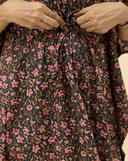 Putchi Black Maternity Nursing Kaftan-Cotton-Floral Print-Bump Friendly