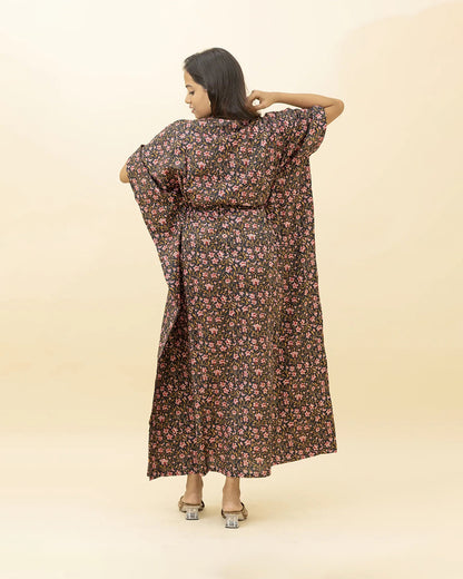 Putchi Black Maternity Nursing Kaftan-Cotton-Floral Print-Bump Friendly