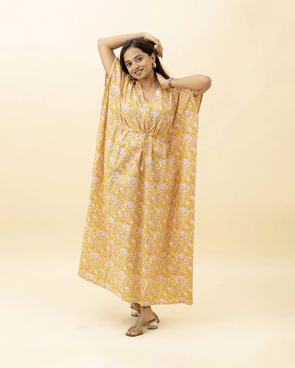 Putchi Yellow Maternity Nursing Kaftan-Cotton-Floral Print-Bump Friendly