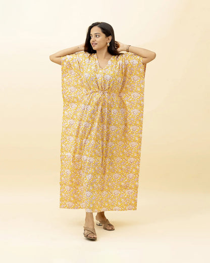 Putchi Yellow Maternity Nursing Kaftan-Cotton-Floral Print-Bump Friendly