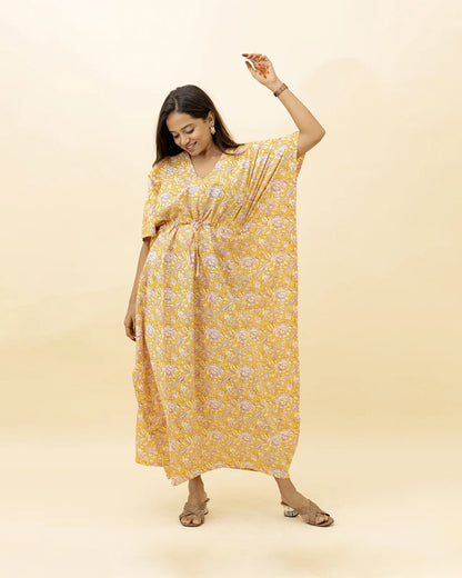 Putchi Yellow Maternity Nursing Kaftan-Cotton-Floral Print-Bump Friendly