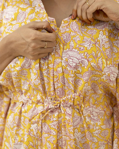 Putchi Yellow Maternity Nursing Kaftan-Cotton-Floral Print-Bump Friendly