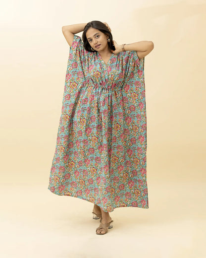 Putchi Pink & Blue Maternity Nursing Kaftan-Cotton-Floral Print-Bump Friendly