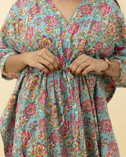 Putchi Pink & Blue Maternity Nursing Kaftan-Cotton-Floral Print-Bump Friendly