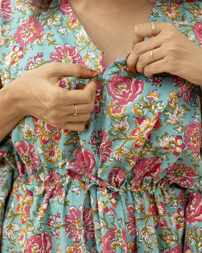 Putchi Pink & Blue Maternity Nursing Kaftan-Cotton-Floral Print-Bump Friendly