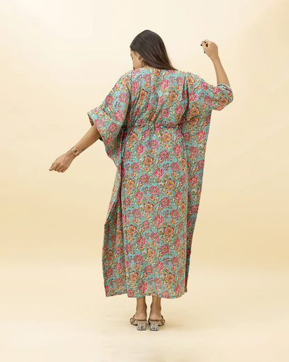 Putchi Pink & Blue Maternity Nursing Kaftan-Cotton-Floral Print-Bump Friendly