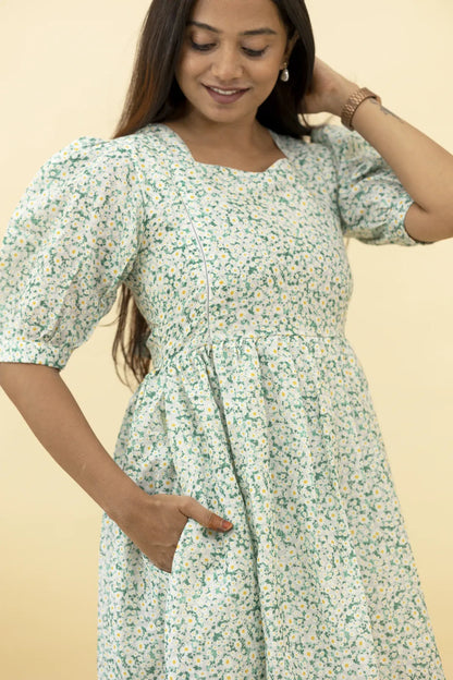 Putchi Green & White Maternity Nursing Dress-Cotton Rayon-Floral Print-Bump Friendly