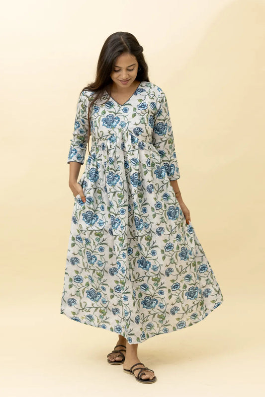 Putchi White & Blue Maternity Nursing Dress-Cotton Rayon-Floral Print-Bump Friendly