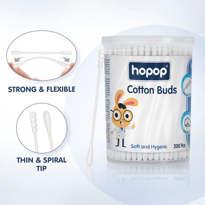 Hopop Baby Spiral Cotton Buds-With Thin Paper Stem-100% Pure and Soft Cotton-For Infants-200 Pieces