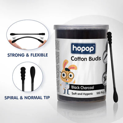 Hopop Cotton Buds-Infused With Black Charcoal-100% Organic Cotton-For Infants-100 Pieces
