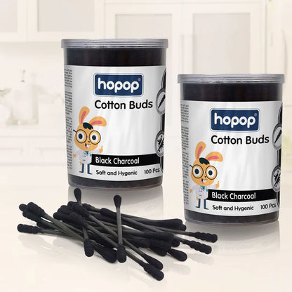 Hopop Cotton Buds-Infused With Black Charcoal-100% Organic Cotton-For Infants-100 Pieces