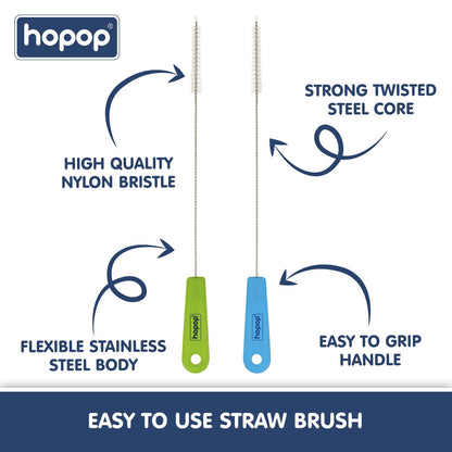 Hopop Easy Straw Cleaning Brush-Stainless Steel-Nylon Bristles-Pack of 2-Blue & Green