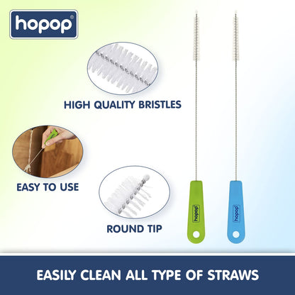 Hopop Easy Straw Cleaning Brush-Stainless Steel-Nylon Bristles-Pack of 2-Blue & Green