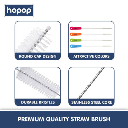 Hopop Easy Straw Cleaning Brush-Stainless Steel-Nylon Bristles-Pack of 2-Blue & Green