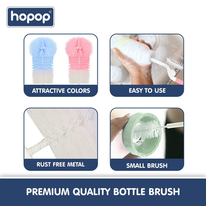 Hopop Bottle & Nipple Cleaning Brush-Stainless Steel Handle-Flexible Bristles-Blue