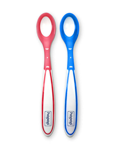 Hopop Heat Sensor Color Changing Feeding Spoons-Long Handle-Rounded Edges-Red & Blue-For Infants