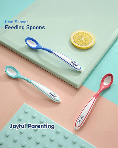 Hopop Heat Sensor Color Changing Feeding Spoons-Long Handle-Rounded Edges-Red & Blue-For Infants