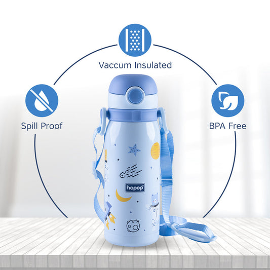 Hopop Stainless Steel Vacuum Bottle-Double Walled Insulation-With Carry Handle-450 ml-Blue