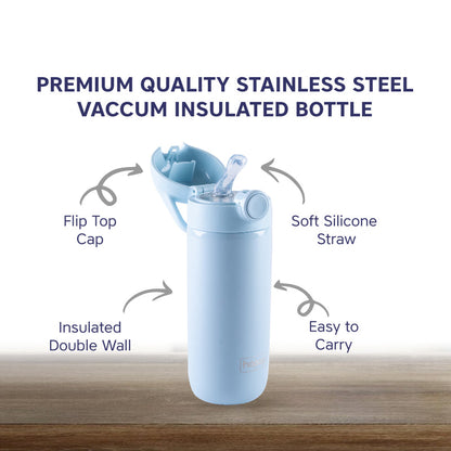 Hopop Stainless Steel Vacuum Bottle-Double Walled Insulation-With Flip Top Cap-380 ml-Blue