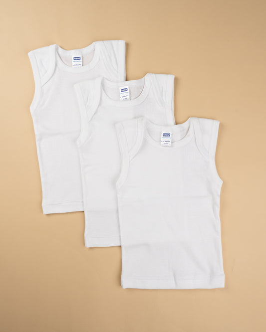 Hopop White Vest-Shoulder Snap-Solid-Cotton-Pack of 3-For Infants