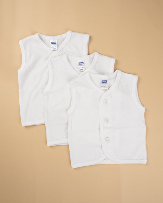 Hopop White Vest-Front Open-Solid-Cotton-Pack of 3-For Infants