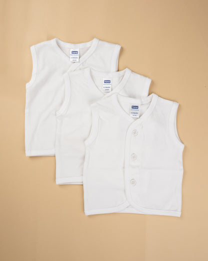 Hopop White Vest-Front Open-Solid-Cotton-Pack of 3-For Infants