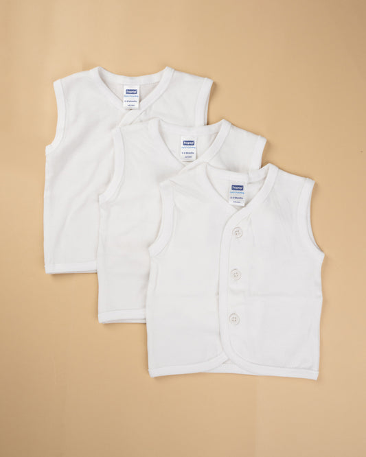 Hopop White Vest-Front Open-Solid-Cotton-Pack of 3-For Infants