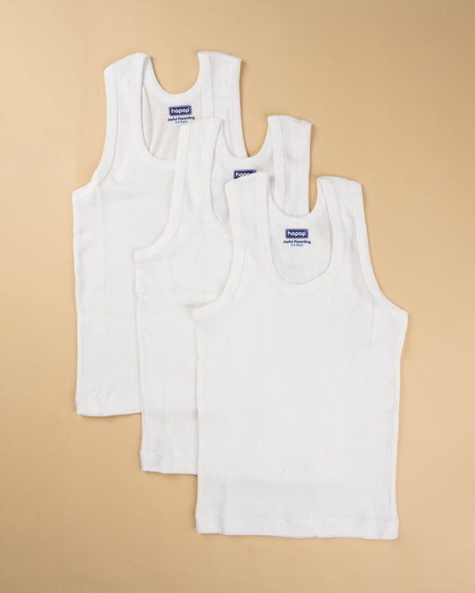 Hopop White Vest-U-Neck-Solid-Cotton-Pack of 3-For Infants