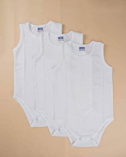 Hopop White Vest Bodysuit-Sleeveless-Solid-Cotton-Pack of 3-For Infants