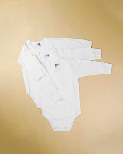 Hopop White Vest Bodysuit-Long Sleeves-Solid-Cotton-Pack of 3-For Infants