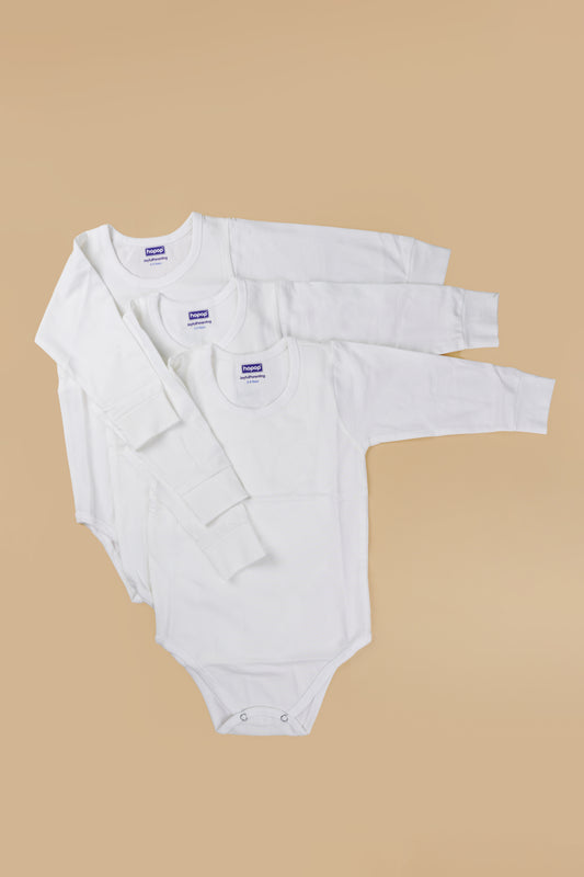 Hopop White Vest Bodysuit-Long Sleeves-Solid-Cotton-Pack of 3-For Infants