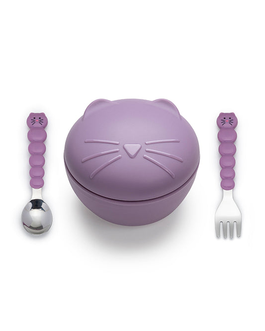 Melii Silicone Bowl-With Lid, Spoon & Fork-Airtight & Leakproof Lid-Cat-For Feeding Infants