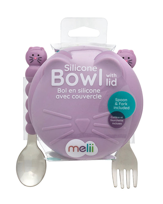 Melii Silicone Bowl-With Lid, Spoon & Fork-Airtight & Leakproof Lid-Cat-For Feeding Infants