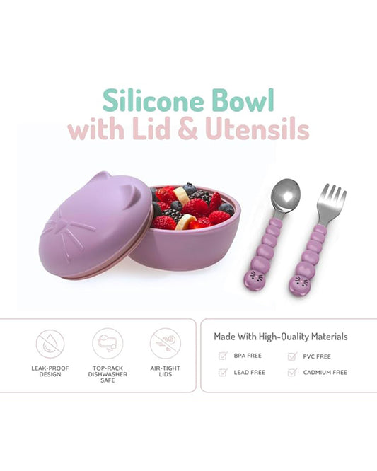 Melii Silicone Bowl-With Lid, Spoon & Fork-Airtight & Leakproof Lid-Cat-For Feeding Infants