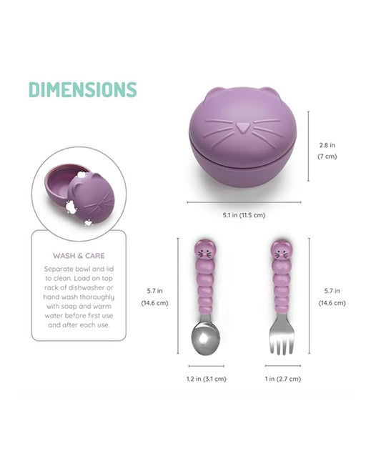 Melii Silicone Bowl-With Lid, Spoon & Fork-Airtight & Leakproof Lid-Cat-For Feeding Infants