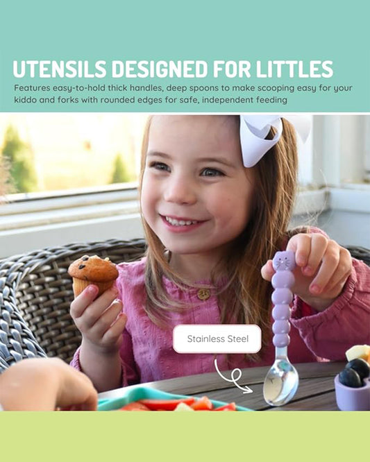 Melii Silicone Bowl-With Lid, Spoon & Fork-Airtight & Leakproof Lid-Cat-For Feeding Infants