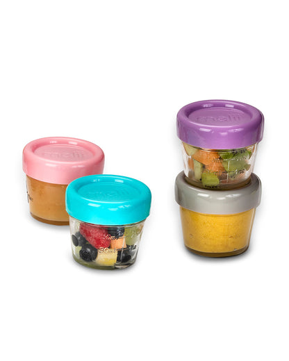 Melii Glass Food Container-Airtight & Leakproof Lid-With Measurement Markings-118 ml-Pack of 6-For Feeding Infants
