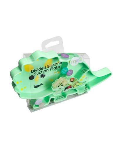 Melii 100% Food Grade Silicone Plate-Suction Base-With Divided Sections-Microwave & Dishwasher Safe-Dinosaur-For Feeding Infants