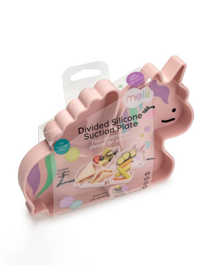 Melii 100% Food Grade Silicone Plate-Suction Base-With Divided Sections-Microwave & Dishwasher Safe-Unicorn-For Feeding Infants