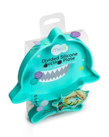Melii 100% Food Grade Silicone Plate-Suction Base-With Divided Sections-Microwave & Dishwasher Safe-Shark-For Feeding Infants