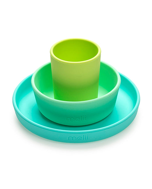 Melii 3 Piece Meal Set-Food Grade Silicone-Microwave & Dishwasher Safe-Lime, Mint & Blue-For Feeding Infants