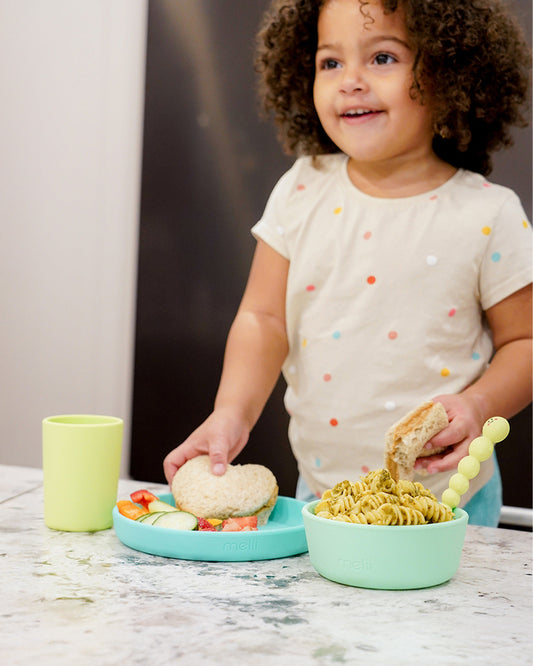 Melii 3 Piece Meal Set-Food Grade Silicone-Microwave & Dishwasher Safe-Lime, Mint & Blue-For Feeding Infants
