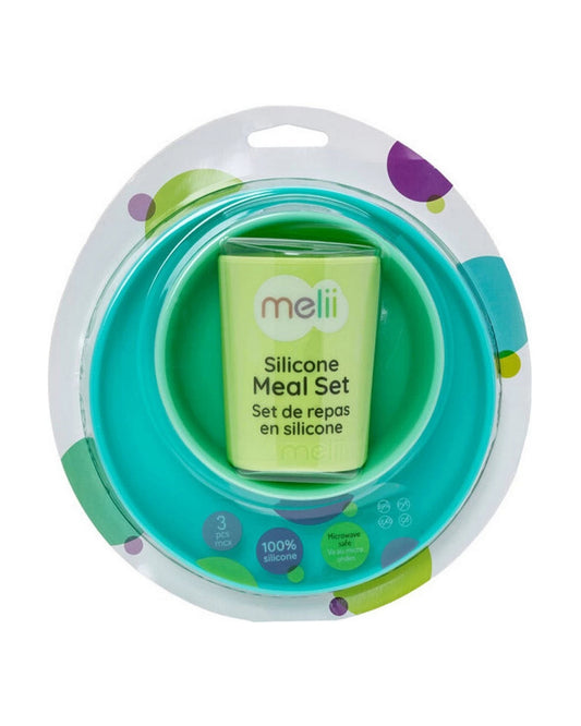 Melii 3 Piece Meal Set-Food Grade Silicone-Microwave & Dishwasher Safe-Lime, Mint & Blue-For Feeding Infants
