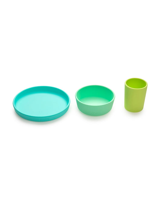 Melii 3 Piece Meal Set-Food Grade Silicone-Microwave & Dishwasher Safe-Lime, Mint & Blue-For Feeding Infants