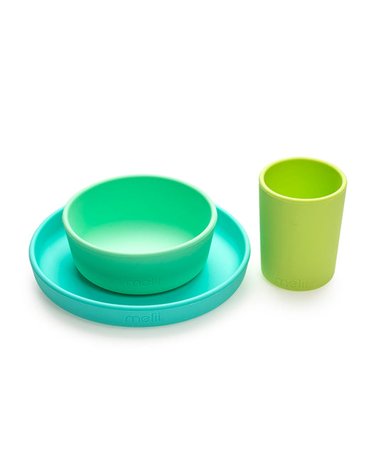 Melii 3 Piece Meal Set-Food Grade Silicone-Microwave & Dishwasher Safe-Lime, Mint & Blue-For Feeding Infants