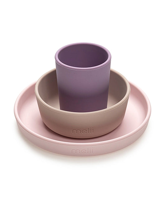 Melii 3 Piece Meal Set-Food Grade Silicone-Microwave & Dishwasher Safe-Purple, Grey & Pink-For Feeding Infants
